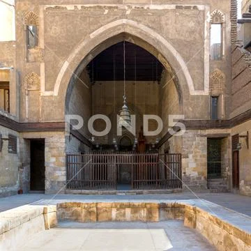 Main courtyard of public historic mosque of Sultan Al Nassir Qalawun, Cairo Stock Photos