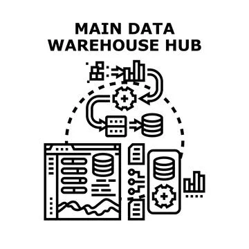 Main data warehouse hub managing information flow 库存插图