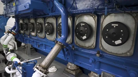 Main engine of vessel. Cylinder covers of diesel inside ship Stock Footage 230705591