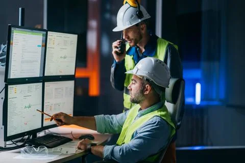 Main engineer and workers operator wearing safety vests and hard hat Foto stock