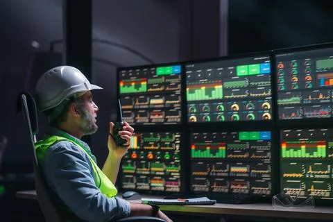 Main engineer operator and computer screens with modern following productio Stock Photos