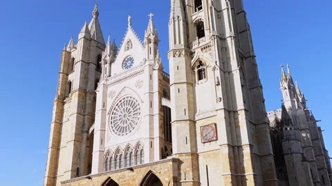 Main facade of the Cathedral of Leon, a world heritage site in Spain. Stock Footage 197067852