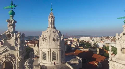 Main facade of the Estrela Basilica in Lisbon at morning aerial view Stock Footage 63909988