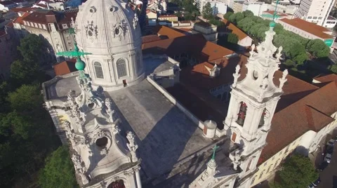 Main facade of the Estrela Basilica in Lisbon at morning aerial view Stock Footage 63911360