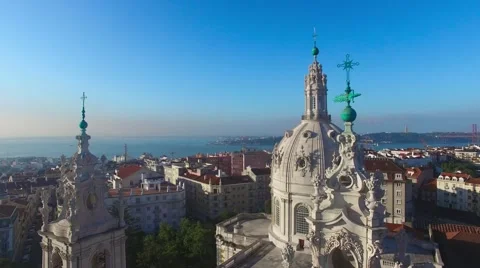Main facade of the Estrela Basilica in Lisbon at morning aerial view Stock Footage 63912272