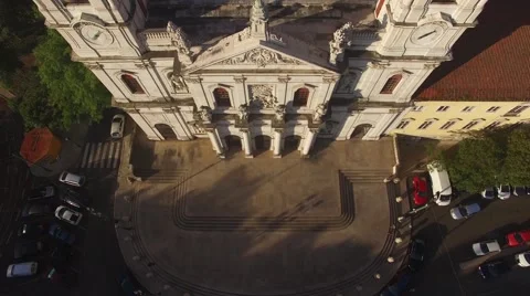 Main facade of the Estrela Basilica in Lisbon at morning aerial view Stock Footage 63916831