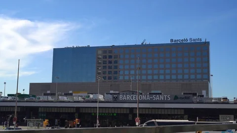 Main facade of the Sants station building in Barcelona on a sunny day Stock Footage 124390874