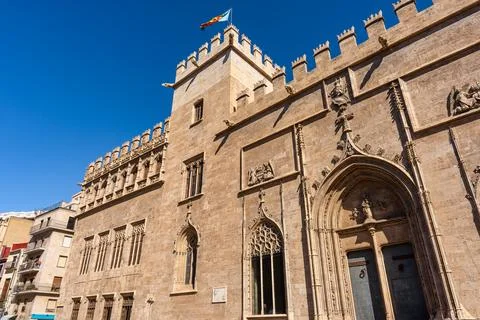 Main facade of the Silk Exchange, the old commercial palace of Valencia, Spai Stock Photos