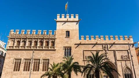 Main facade of the Silk Exchange, the old commercial palace of Valencia, Spai Stock Photos