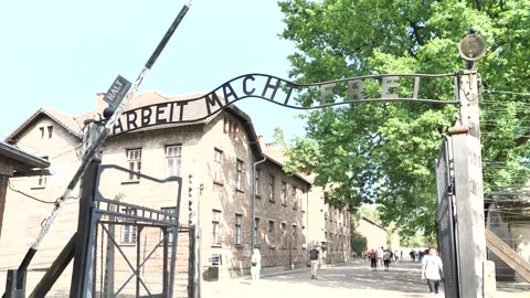 Main gate of the concentration camp in Auschwitz, Poland Stock Footage 309873730