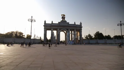 The main gate to the VDNH Expo complex in Moscow. Stock Footage 129923950