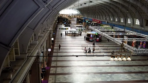 The main hall of the empty railway station in this difficult period Stock Footage 129044687