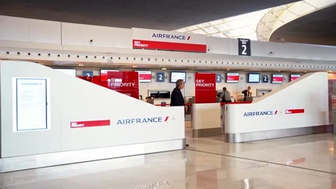 Main information site of the empty AirFrance airline at the main airport Stock Footage 253569555