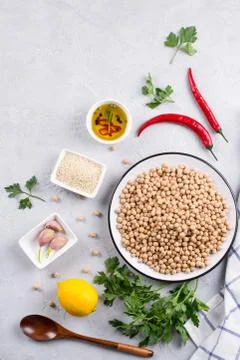 Main ingredients for making hummus, chickpea, lemon, garlic, sesame, oil, Stock Photos