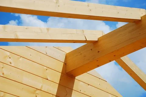 Main Interior Beam, Partially Constructed Wood House Stock Photos