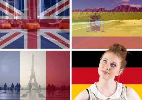 Main language flags with typical things of the countries around young woman Stock Photos