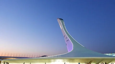 The main Olympic torch, after sunset. Sochi, Russia. 4K Stock Footage 53313839