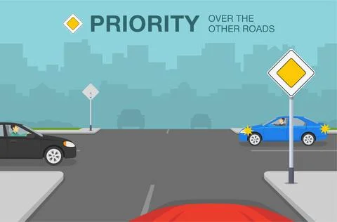Main or priority road sign rule. Cars on crossroad. Stock Illustration