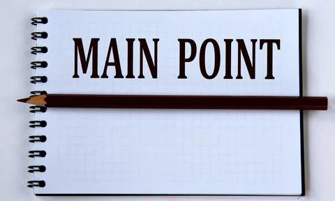 MAIN POINT - words in white notebook on white background with pencil Stock Photos