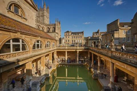 The main pool at the Roman Baths, with Bath Abbey behind, in Bath, UNESCO World Stock Photos