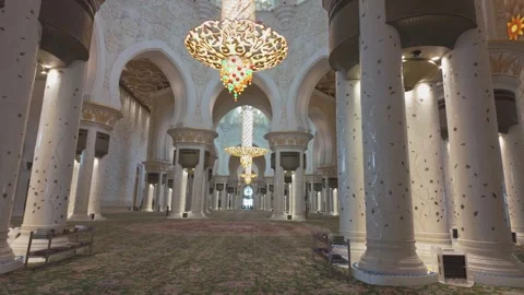 The Main Prayer Hall of Sheikh Zayed Grand Mosque with famous carpet and Stock Footage 327552665
