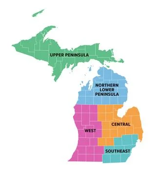 Main regions of Michigan, multi colored political map Stock Illustration
