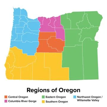 Main regions of U.S. state of Oregon, political map Stock Illustration
