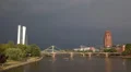 Main River Bridge Frankfurt Skyline Skyscrapers Establishing Shot Thunderstorm HD Footage