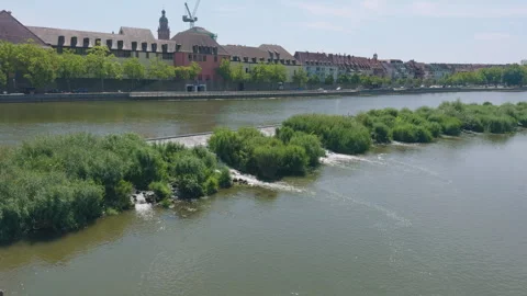 Main River Cascade and Historic Architecture in Würzburg, Germany Stock-Footage 340394306
