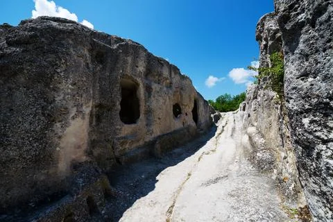 Main road between caves in ancient stone town-fortess Eski-Kermen. Bakhchysar 写真素材