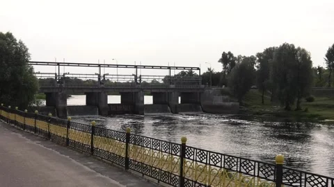 The main road bridge-dam across the river "Iput" in Dobrush. Stock Footage 101481921