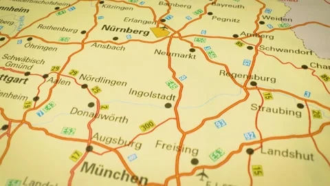 Main roads from munich to nuremberg, germany – gliding view over atlas map Stock Footage 346187752