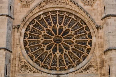 Main rose window of leon gothic cathedral in spain Stock Photos