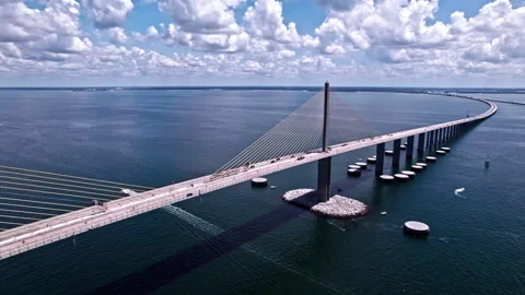 Main Span Of The New Sunshine Skyway Bridge With Structural Dolphins In Stock Footage 208848129