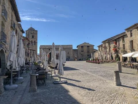 Main square of Ainsa- Huesca. Stock Photos