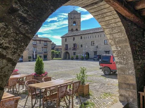 Main square of Ainsa- Huesca. Stock Photos