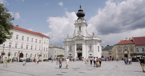 Main square with the Basilica of the Presentation of the Blessed Virgin Mary. Stock Footage 313834158