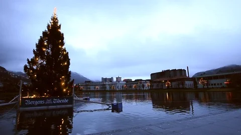 The main square of Bergen with the Christmas tree Stock Footage 72113380