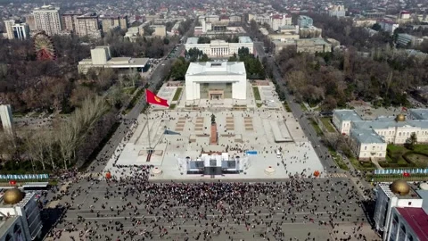Main square Bishkek city, historical museum, national flag Kyrgyzstan. Aerial Stock Footage 288791853