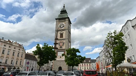 Main square of enns with the famous clocktower stadtturm Stock Footage 154530496