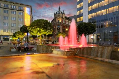 The main square of Katowice, in dramatic sunset. Stock Photos