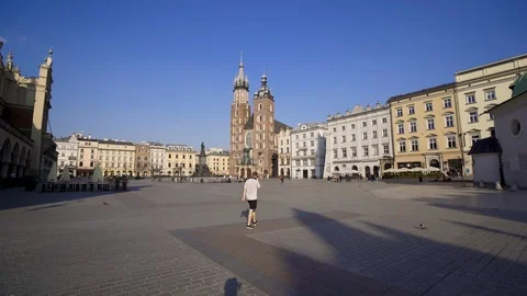 Main Square in Krakow and St. Mary's Church Stock Footage 126559694