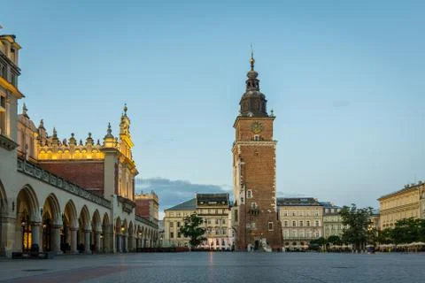 Main square in Krakow with the tower and town hall, Poland, 15 September, 201 Stock Photos