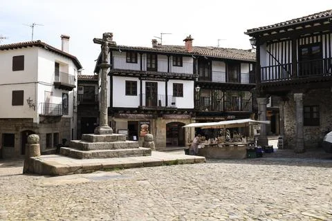 Main square of La Alberca town Typical houses with granite stone plinths an.. Stock Photos
