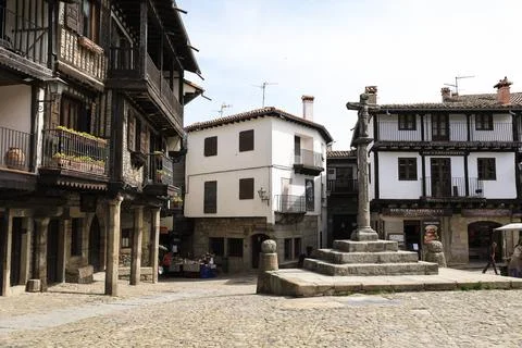 Main square of La Alberca town Typical houses with granite stone plinths an.. Stock Photos
