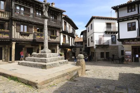 Main square of La Alberca town Typical houses with granite stone plinths an.. Stock Photos
