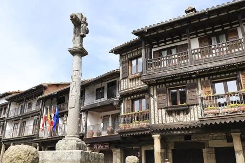 Main square of La Alberca town Typical houses with granite stone plinths an.. Stock Photos