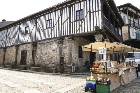 Main square of La Alberca town Typical houses with granite stone plinths an.. Stock Photos
