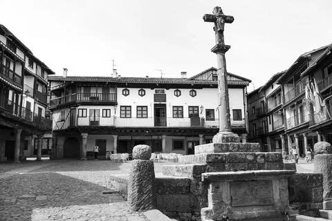 Main square of La Alberca town Typical houses with granite stone plinths an.. Stock Photos