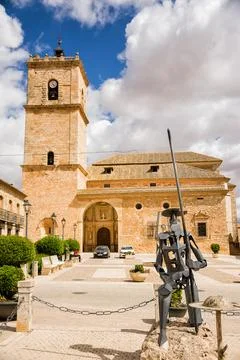 Main square of the small town of El Toboso in Spain, famous for being named.. Stock Photos